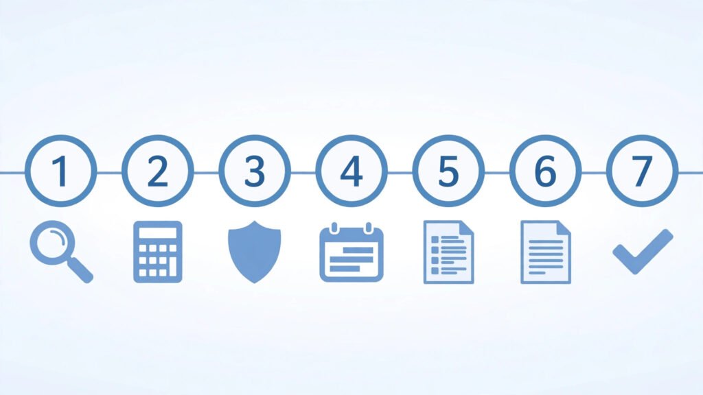 Seven-step timeline showing the order of an R&D tax credit claim in the UK