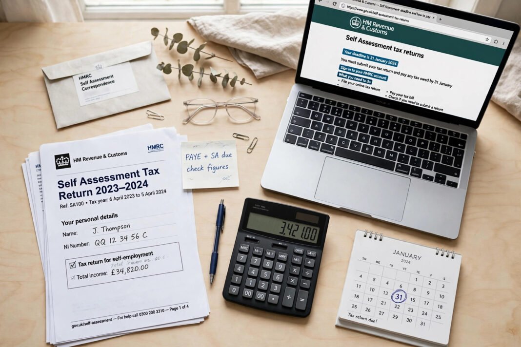UK tax documents, calculator and calendar showing 31 January and 31 July deadlines for Self Assessment payments on account