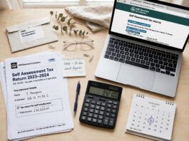 UK tax documents, calculator and calendar showing 31 January and 31 July deadlines for Self Assessment payments on account