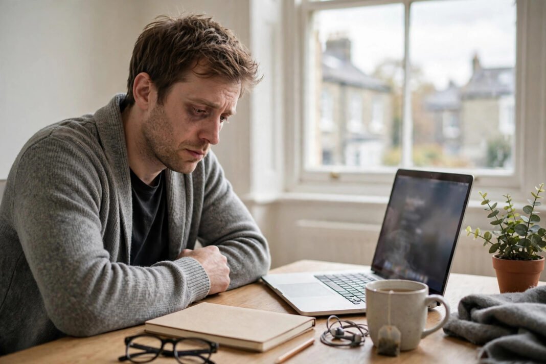 Tired self-employed person at a home office desk with a laptop, notebook and mug of tea
