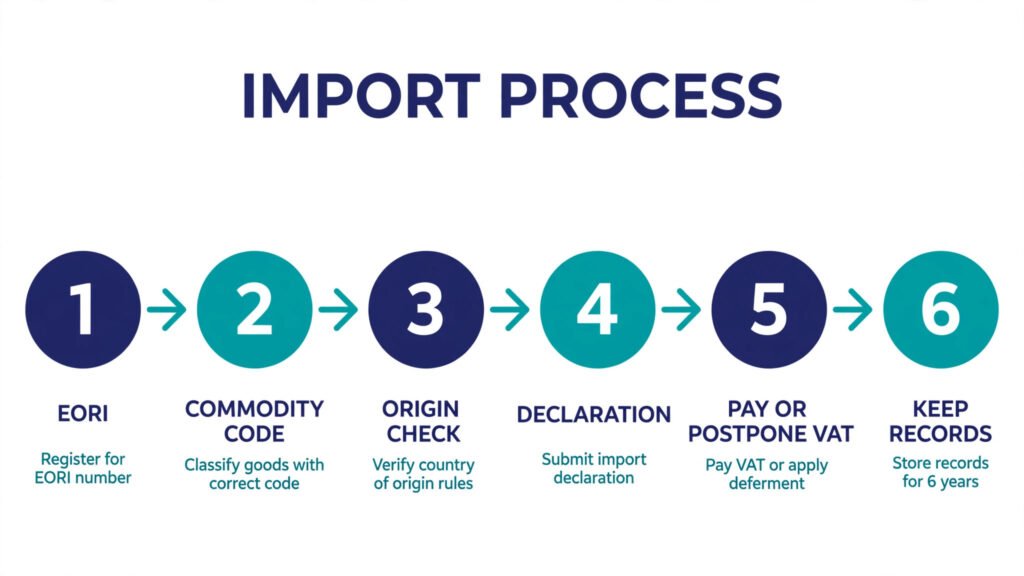 Six-step process diagram for importing goods into Great Britain from EORI number to record keeping