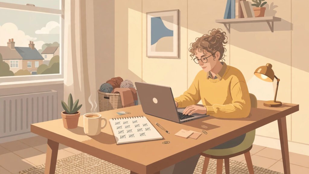 Self-employed person working at a laptop in a home office with a notepad tallying monthly working hours