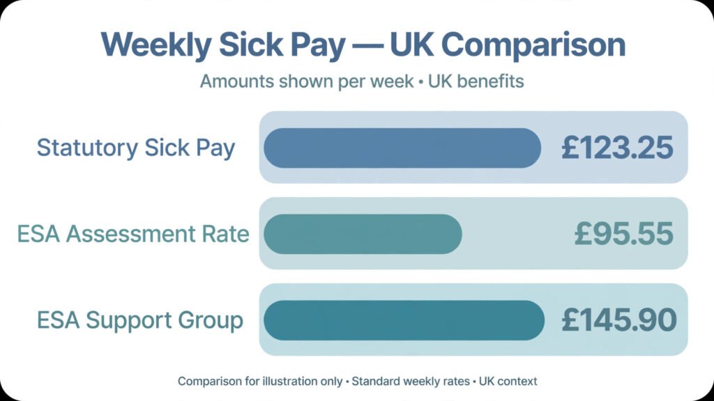 Bar chart comparing weekly SSP of £123.25 with the ESA assessment rate of £95.55 and the ESA support group rate of £145.90