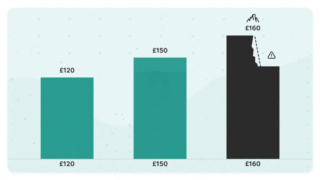 Bar chart comparing staff party cost per head at 120, 150 and 160 pounds showing the cliff edge tax effect