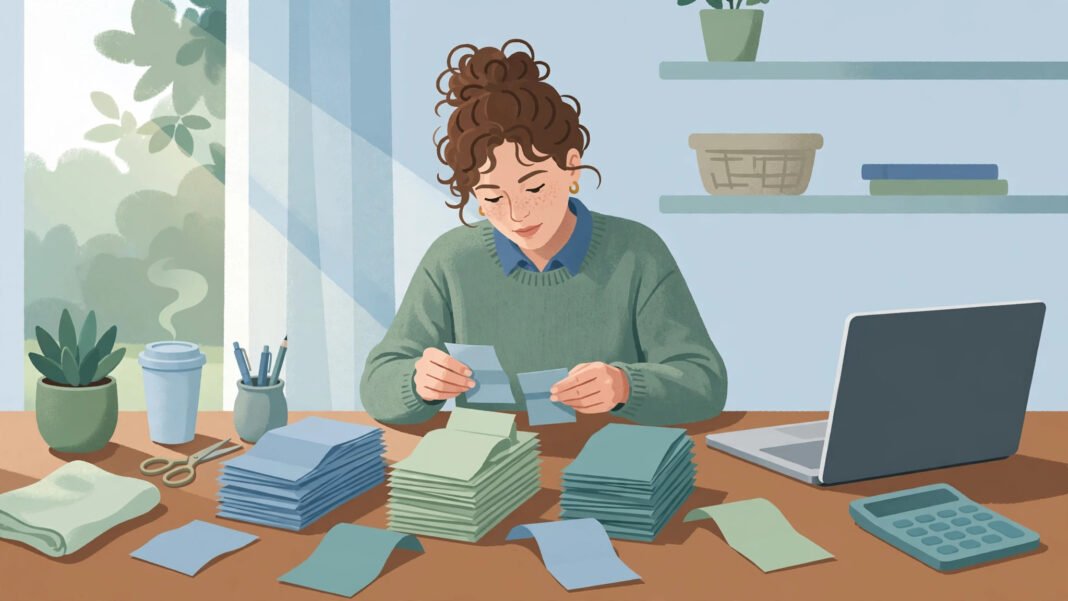 UK business owner sorting receipts and invoices at a desk with a laptop and calculator