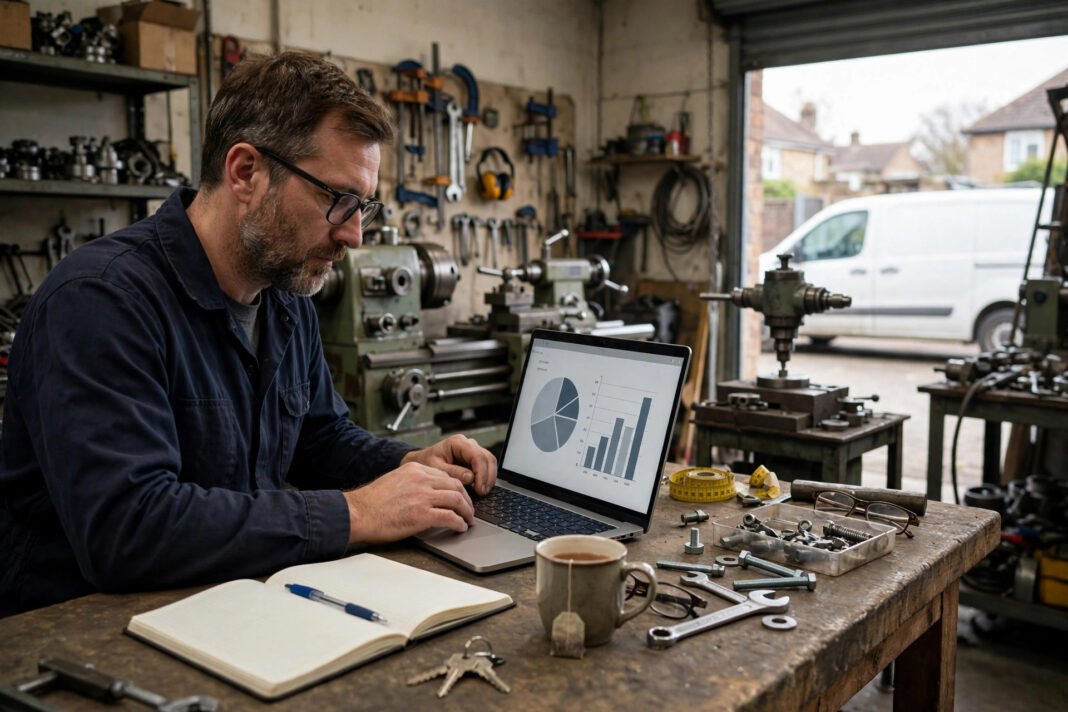 UK small business owner reviewing a tax calculation at a desk with workshop equipment behind