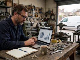 UK small business owner reviewing a tax calculation at a desk with workshop equipment behind