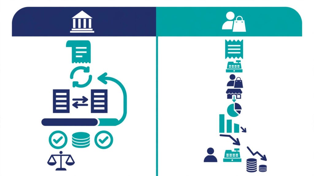 Side-by-side comparison of a business invoice where the client reclaims 20% VAT and a consumer receipt where VAT reduces the seller's margin