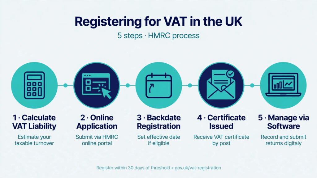 Five-step timeline showing how to register for VAT voluntarily: run the numbers, apply online, request backdating, wait for the VAT number, set up software