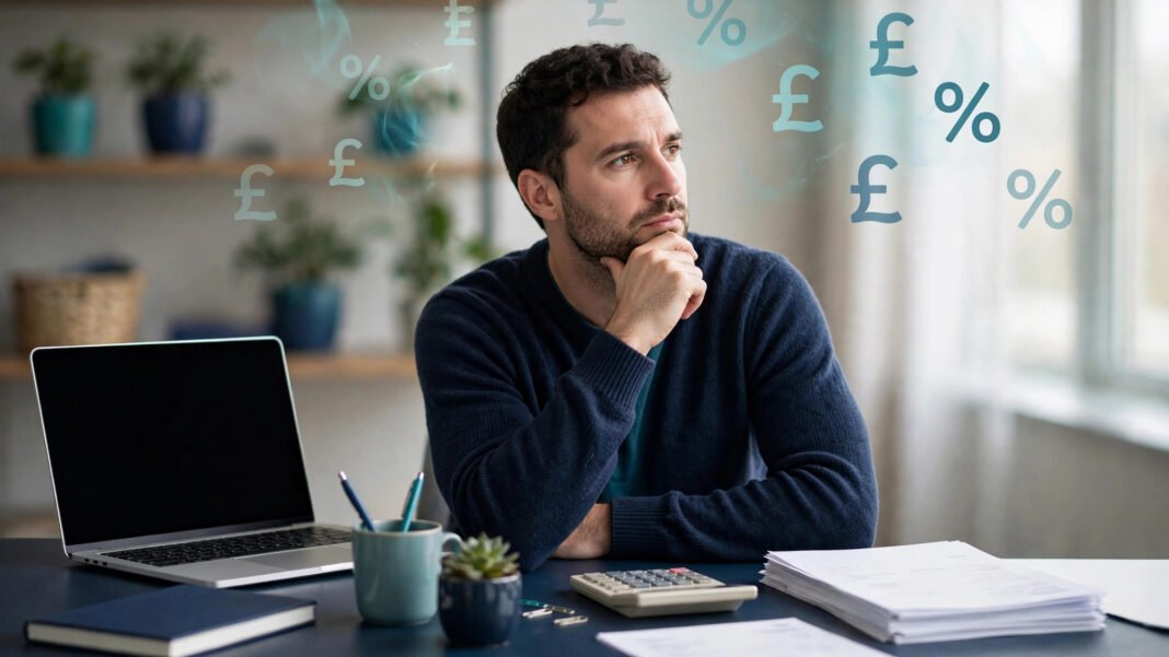 UK small business owner at a desk comparing VAT invoices, a calculator and a laptop to decide on voluntary VAT registration