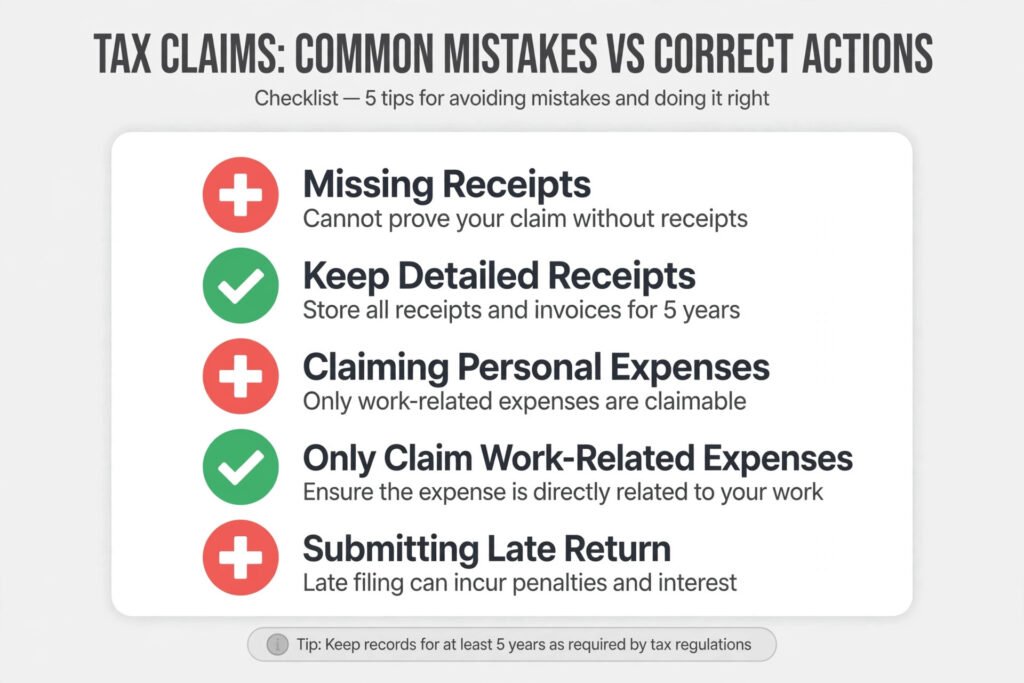 Checklist infographic of common mistakes when claiming UK working from home tax relief