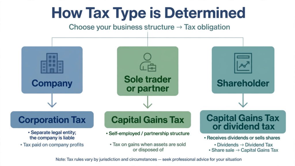 Flowchart showing which tax applies when a company, sole trader or shareholder sells business assets
